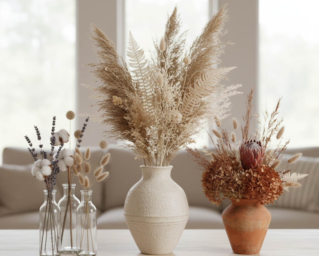 Obraz pokazujący wazony z kwiatami i suszonymi roślinami