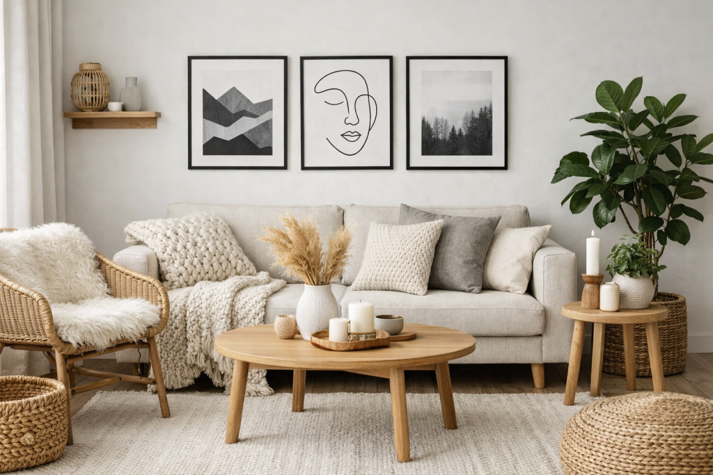 Obraz przedstawia jasny salon urządzony w stylu skandynawskim