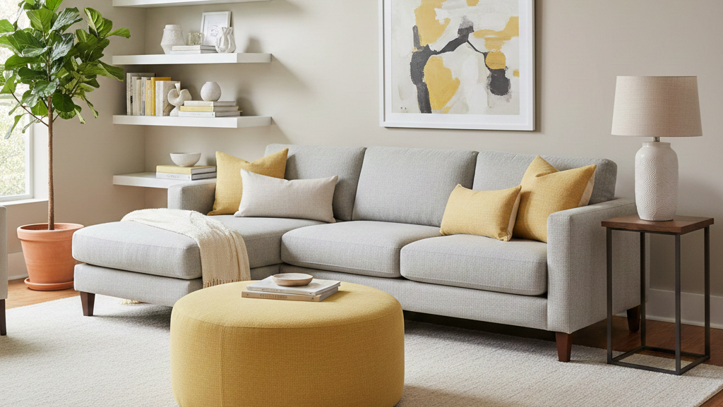 Grafika przedstawia nowoczesny, przestronny salon urządzony w duchu współczesnej elegancji