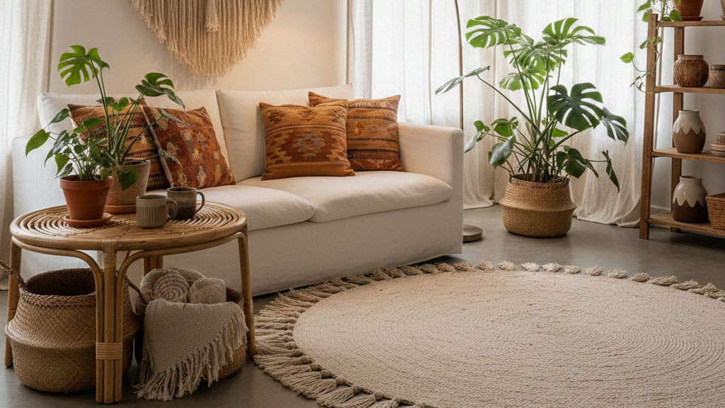 Obraz przedstawia jasne, przestronne wnętrze salonu, które jest kwintesencją przytulności i naturalnego designu