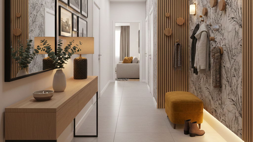 Obraz przedstawia jasny, długi przedpokój zaprojektowany w stylu nowoczesnym z elementami skandynawskimi