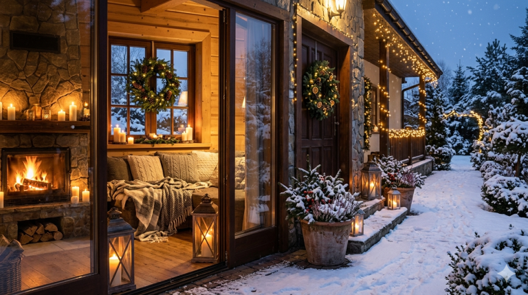 Obraz przedstawia harmonijne połączenie przytulnego wnętrza domu z ośnieżoną przestrzenią ogrodu, utrzymane w ciepłej, wieczornej atmosferze